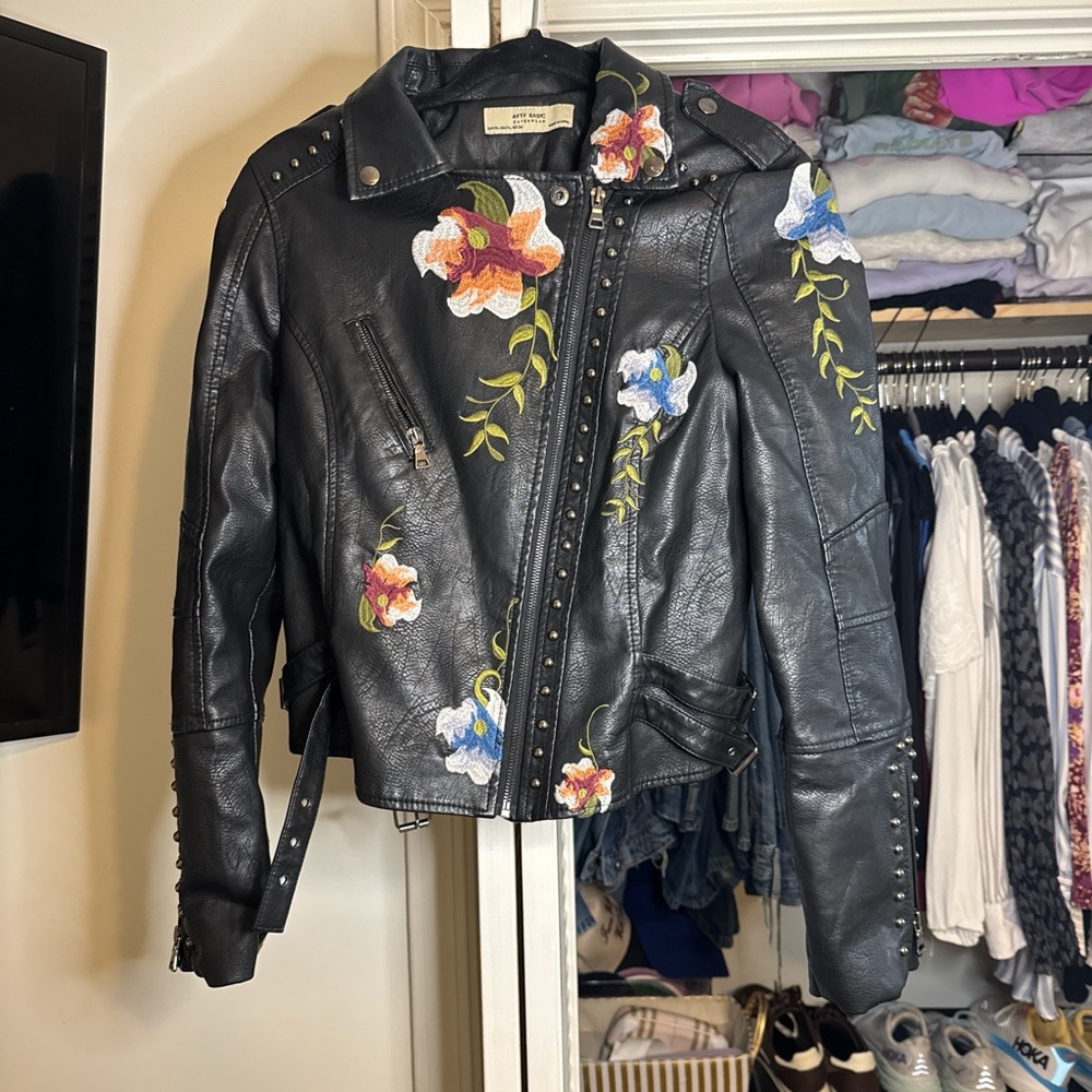 Black Leather Jacket with Floral Embroidery